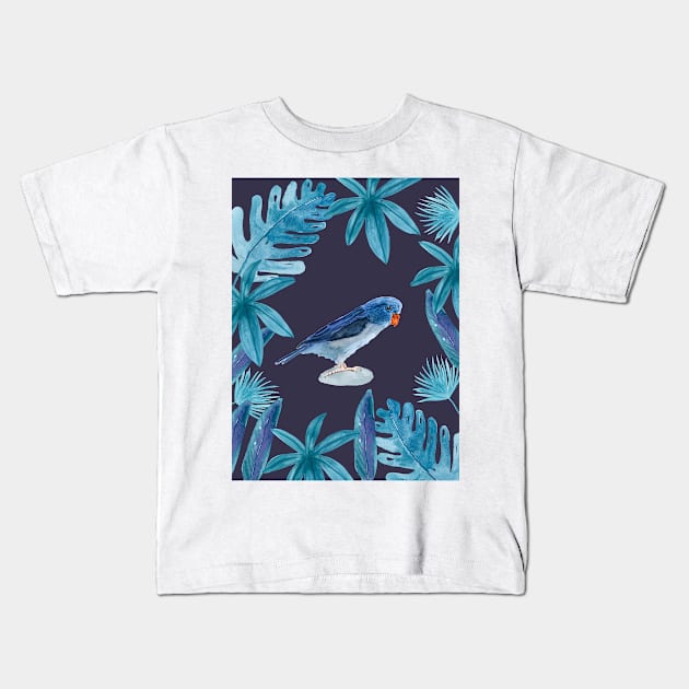 Blue Pacific Parrotlet with tropical leaves and an indigo background Kids T-Shirt by Sandraartist